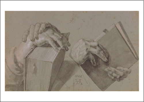 Kunstpostkarte "Zwei Händepaare mit Buch"